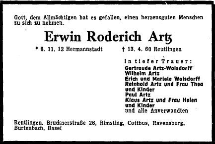 Artz Erwin 1912-1960 Todesanzeige